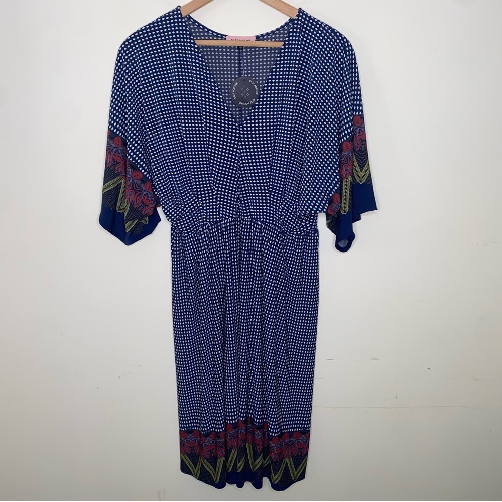 NWT East Adeline 2x Stretch Navy Midi Pullover Boho Short Sleeve Dress